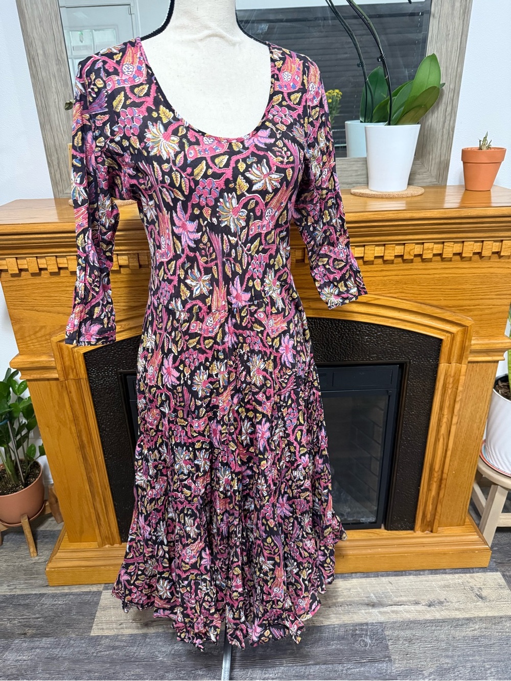 Cotonnier dress scoop neck 3/4 sleeves cotton small / medium black printed